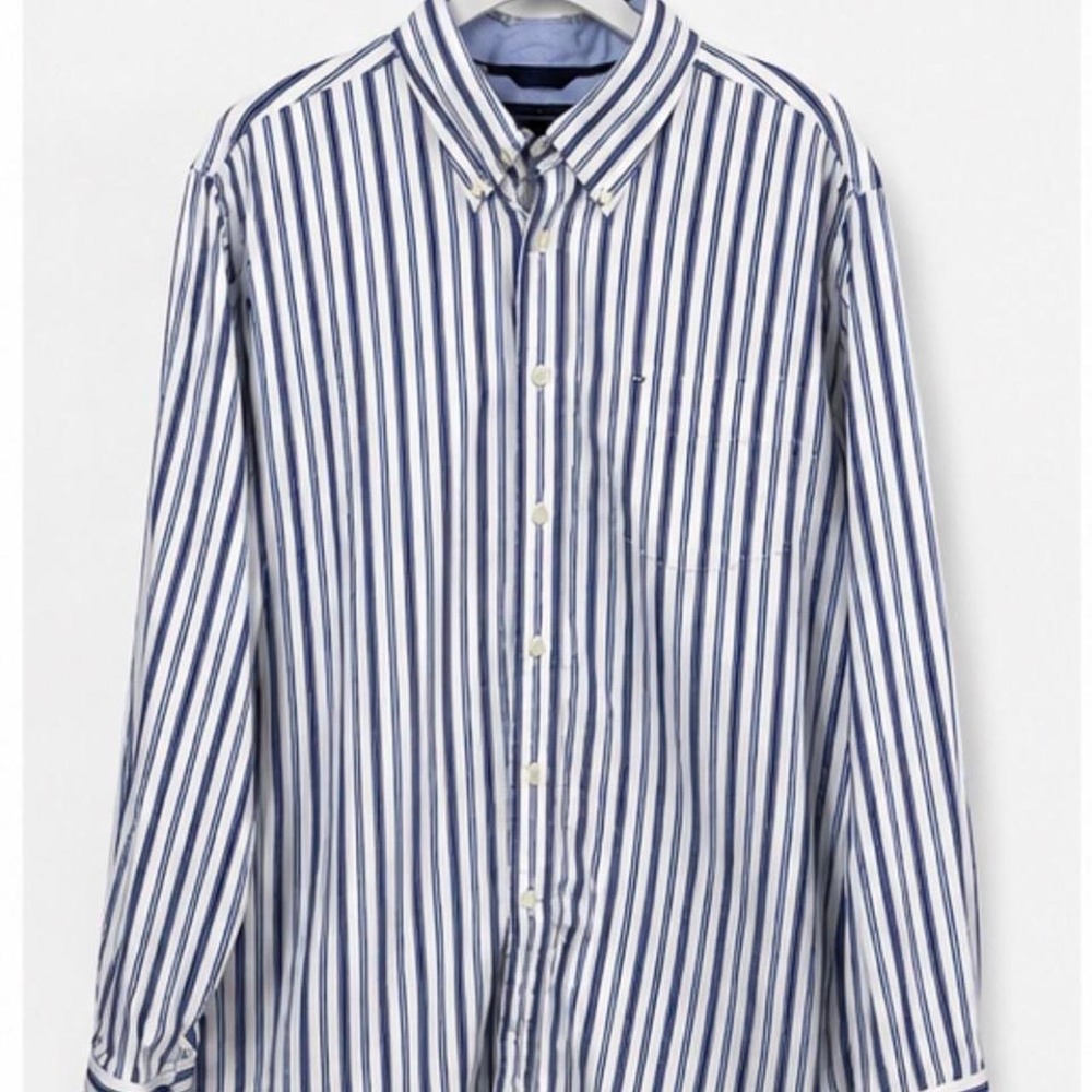 Tommy Hilfiger Striped Button Down Shirt Mens Large Blue White Long Sleeve Logo